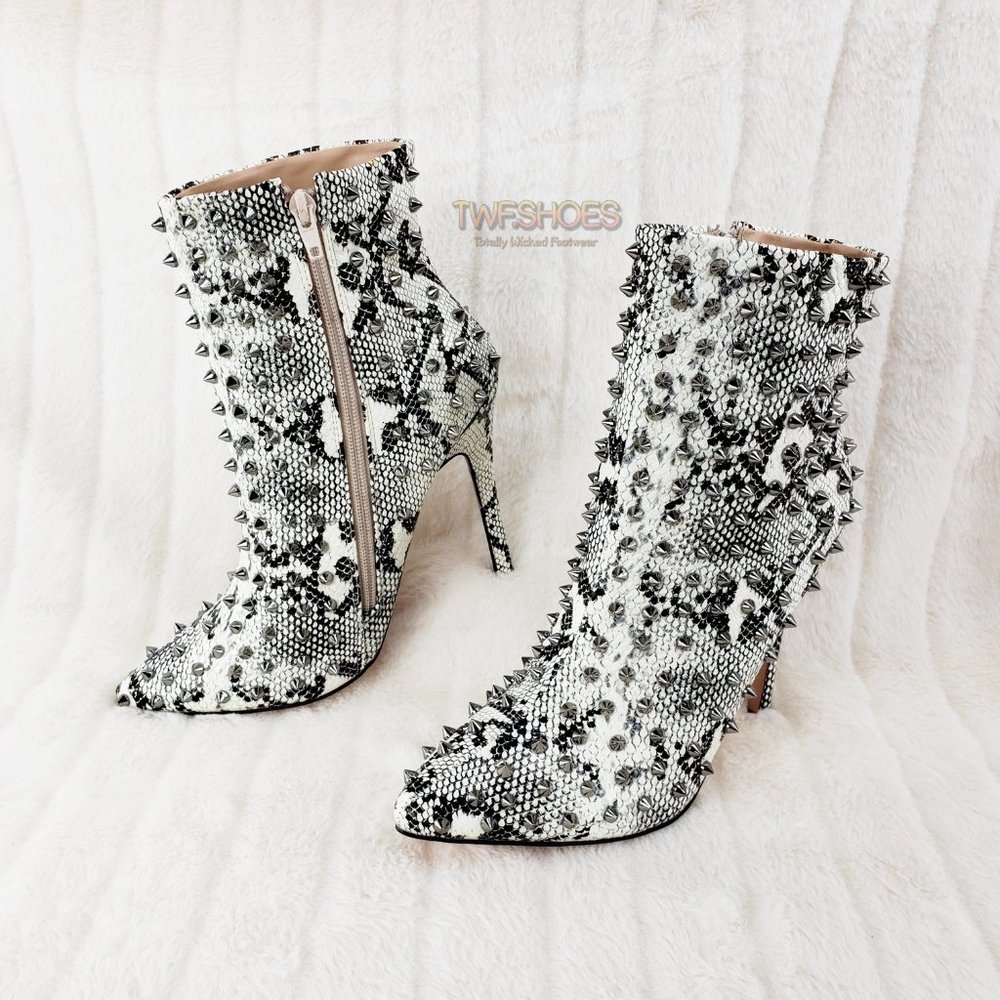 Passion Off White Black Snake Spiked 4.5" High Heel Ankle Boots - Picture 4 of 12
